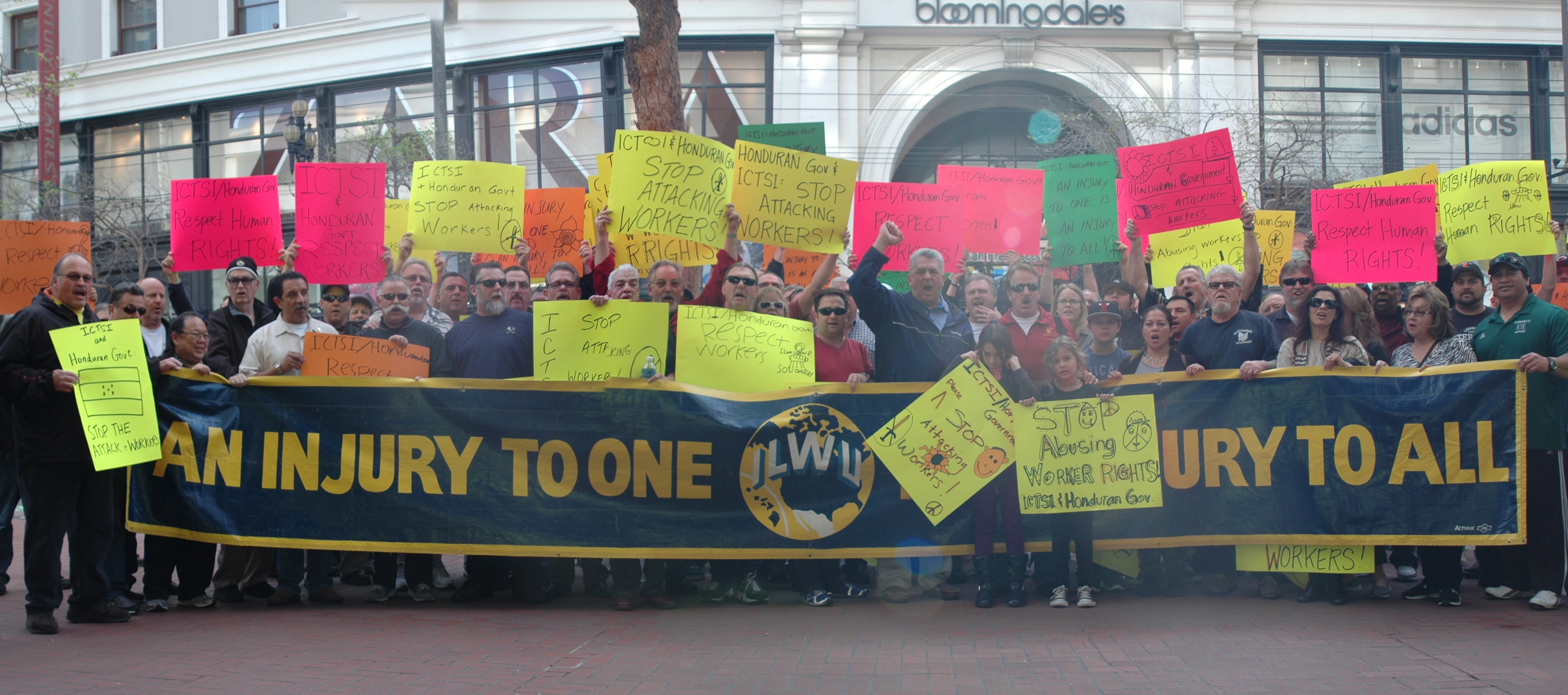 Spurred by abuses against SGTM union dockworkers at an ICTSI terminal in Honduras, ILWU Longshore Caucus delegates protest at the Honduran embassy in San Francisco in March, 2014.