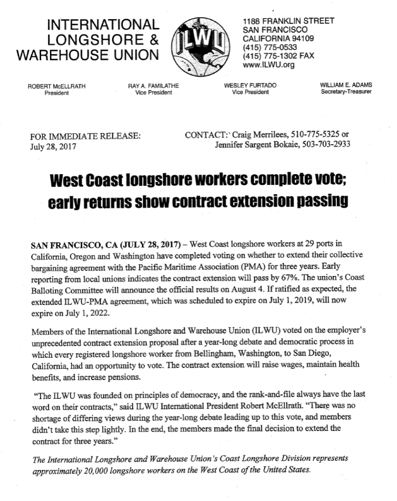 West Coast Longshore contract extension passing in early returns ILWU