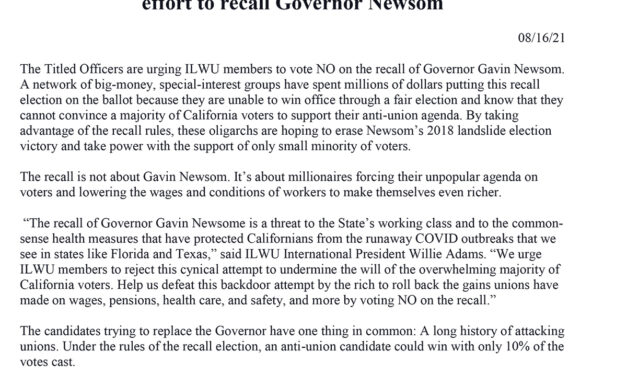 The ILWU urges members to vote NO on the anti-union  effort to recall Governor Newsom