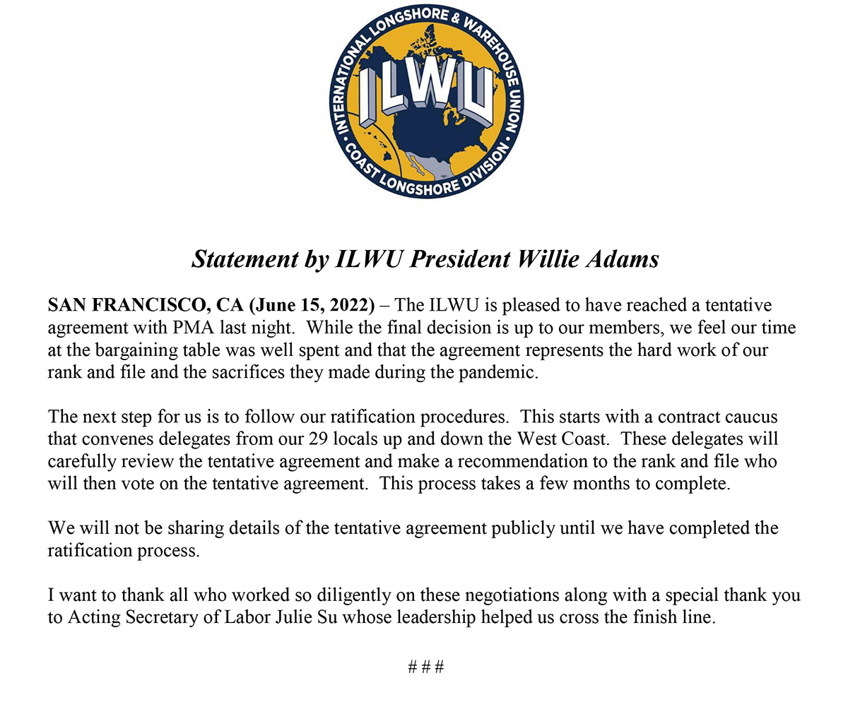 Statement by ILWU President Willie Adams ILWU